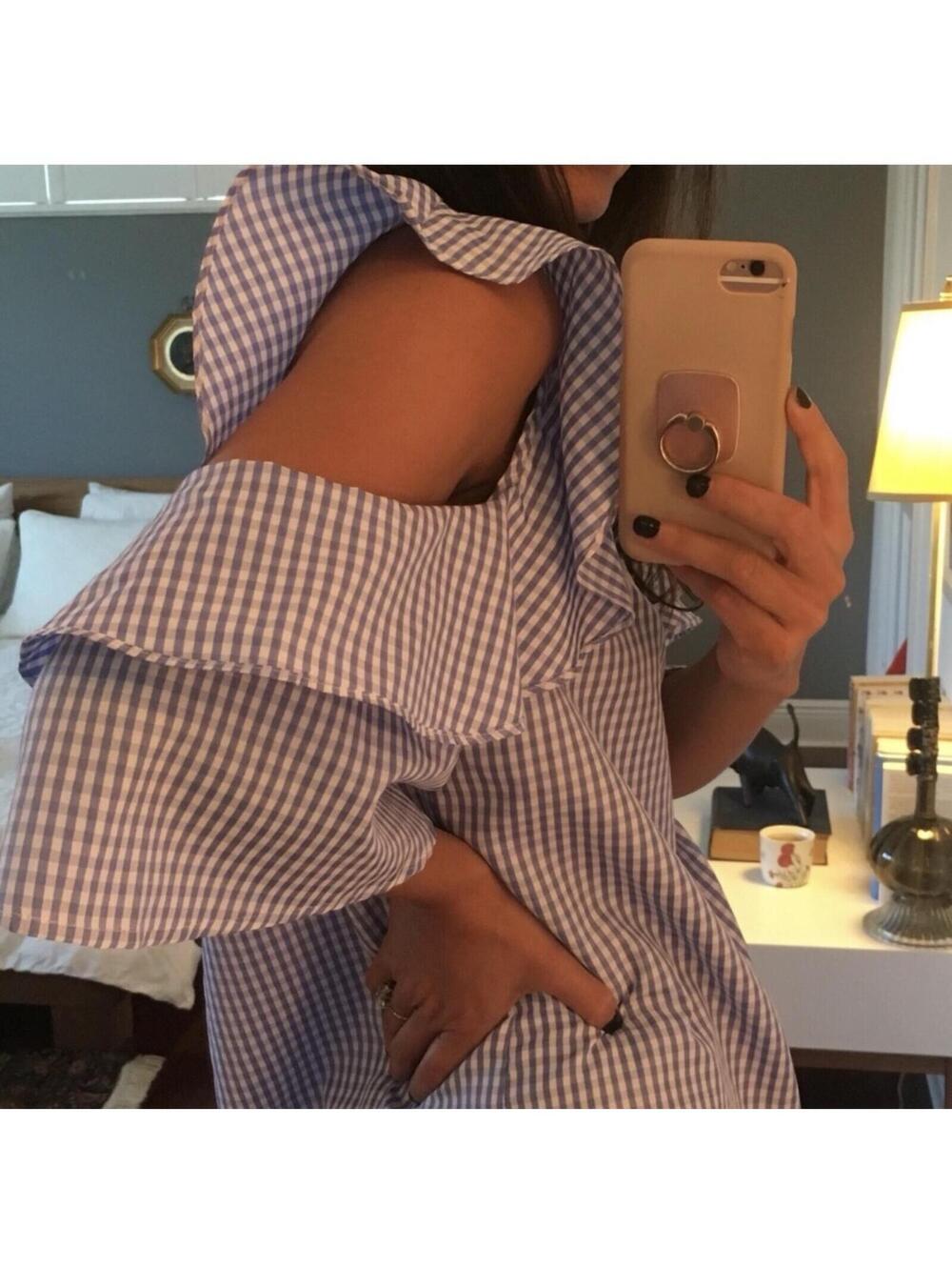 The Room Blue Gingham Cold Shoulder Ruffle Blouse Size Large